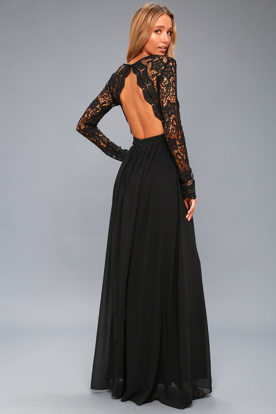 long sleeve long black lace dress